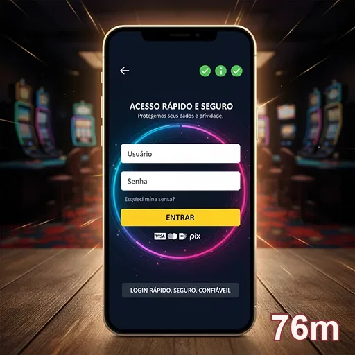 Tela do app 76m mostrando login rápido para slot games.