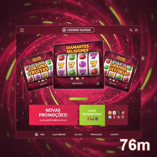 Interface de slots no site 76m com promoções e jogos.