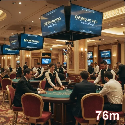 Ambiente de cassino ao vivo no 76m com jogadores e dealers.