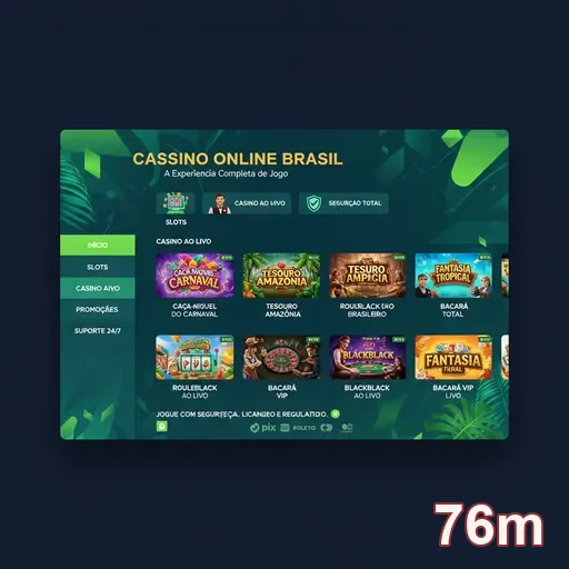 Tela do aplicativo 76m mostrando jogos de cassino para mobile.