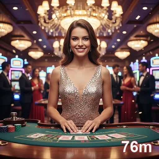 Jogadora com ficha de poker no cassino 76m.