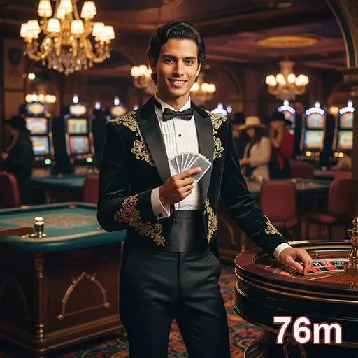 Um crupiê no cassino 76m apresentando cartas para jogadores.