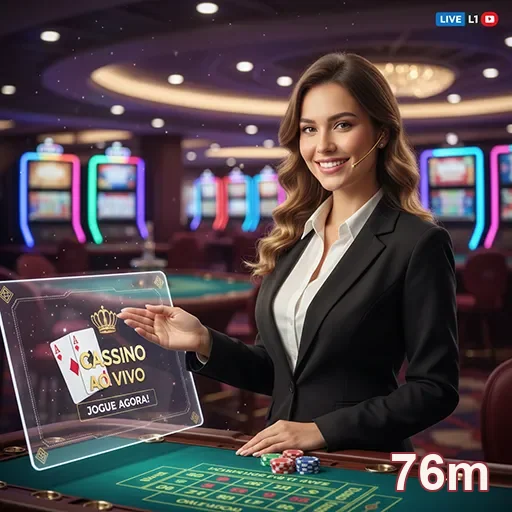 Dealer de cassino ao vivo no 76m com jogos de slots ao fundo.