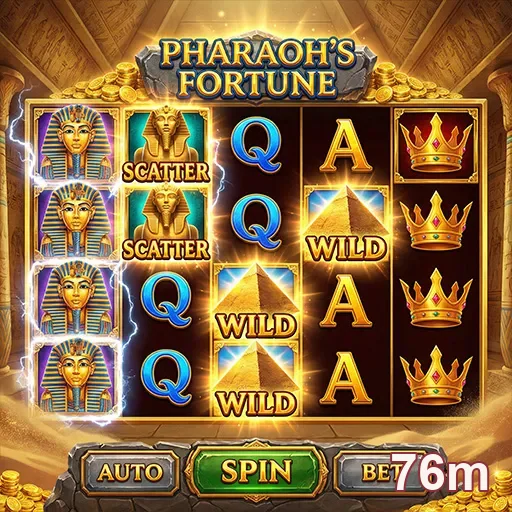 Tela de Pharaoh's Fortune na 76m com símbolos de jogo.
