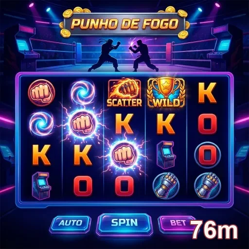 Tela de slot 'Punho de Fogo' no 76m com ícones de jogo.