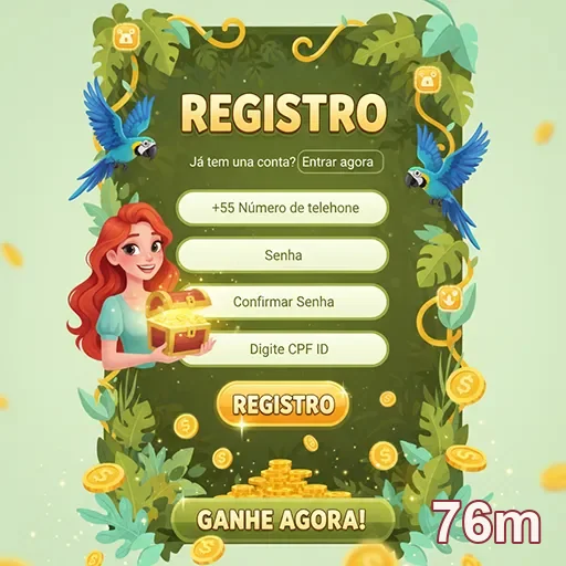 Tela do aplicativo 76m com opções de registro de conta.