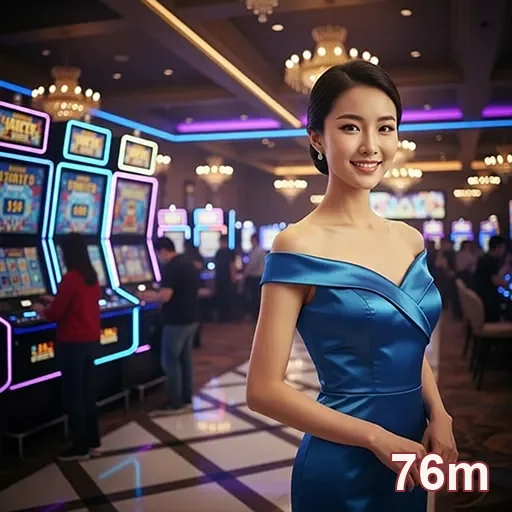 Jogadora sorridente em cassino do 76m com máquinas ao fundo.