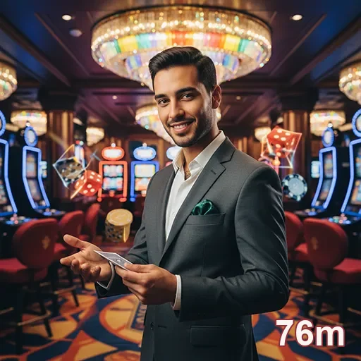 Homem sorridente em cassino com máquinas de slot no 76m