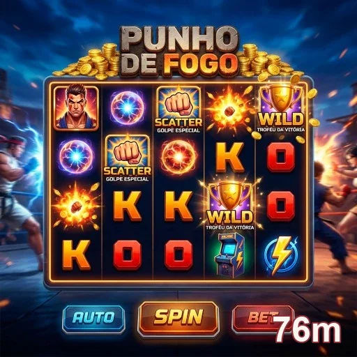 Tela do jogo Punho de Fogo no aplicativo 76m com símbolos e animações.