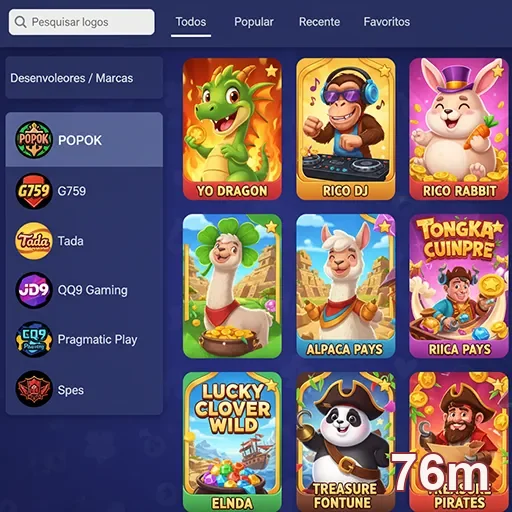 Tela de jogos de slots na plataforma 76m com animações coloridas.