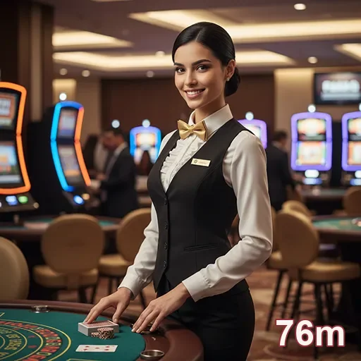 mulher em cassino sorrindo ao lado de máquinas de jogos no 76m