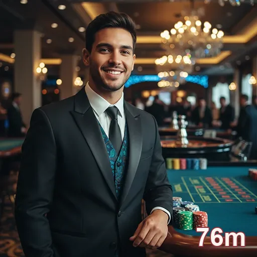Homem em traje formal em um cassino, com mesas e fichas, 76m.